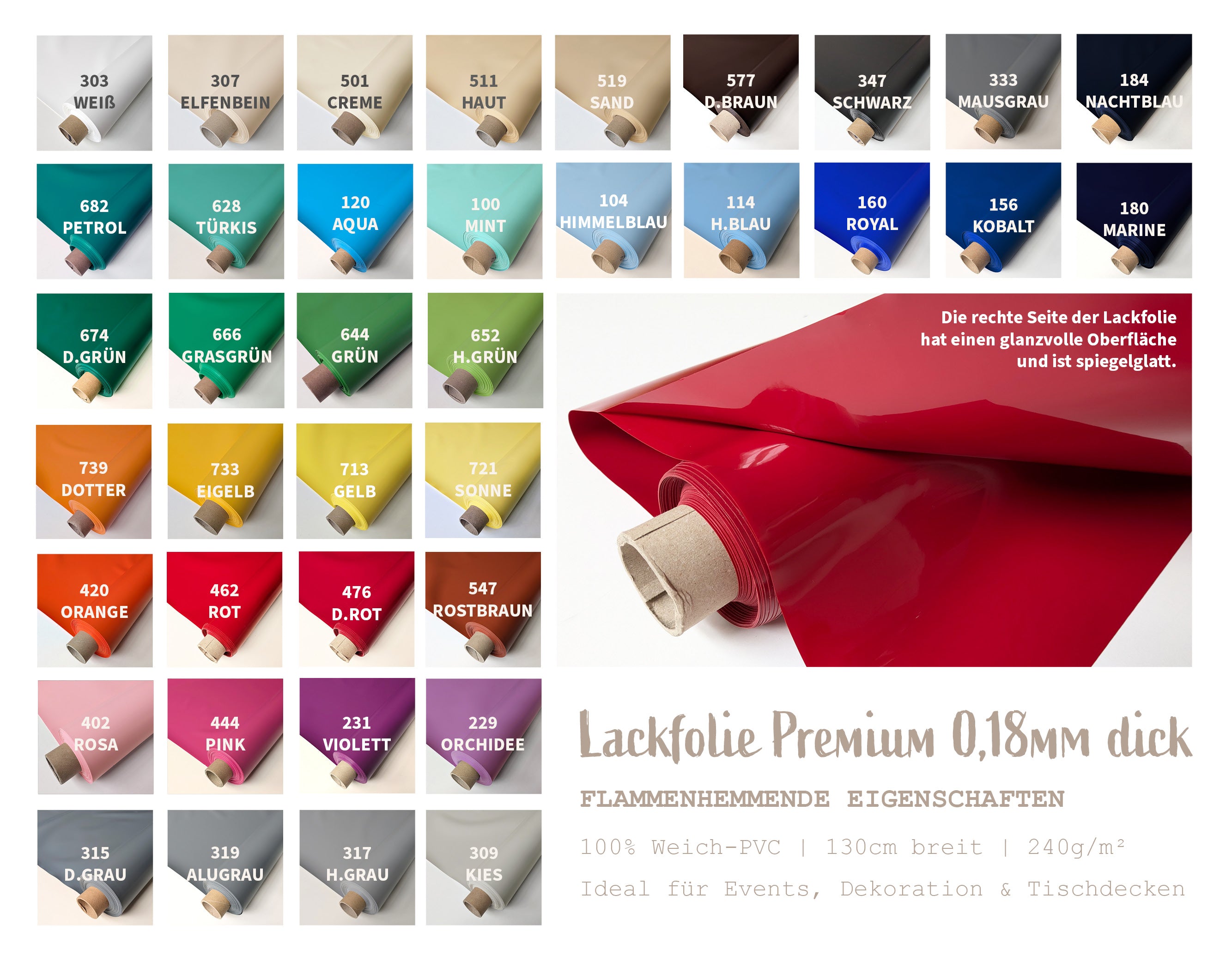 Lackfolie Premium Meterware - Doppelt gelegt = 2 x (15m x 130cm) auf 30 Meter Rolle