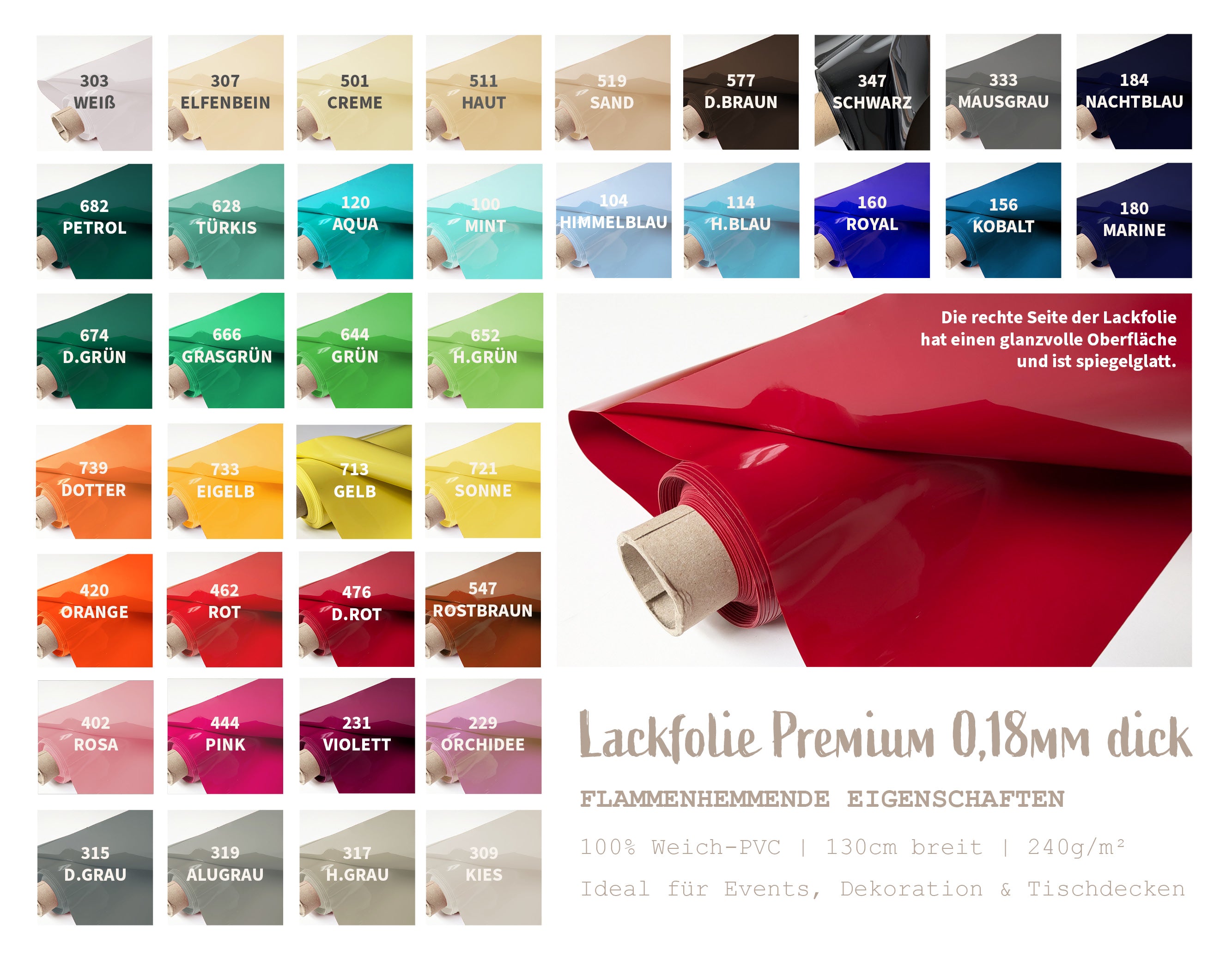 Lackfolie Premium Meterware - Doppelt gelegt = 2 x (15m x 130cm) auf 30 Meter Rolle